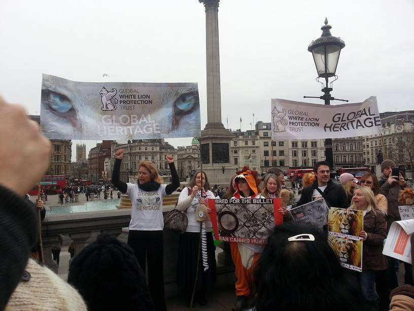 Activist Linda Tucker in Trafalgar Square, London